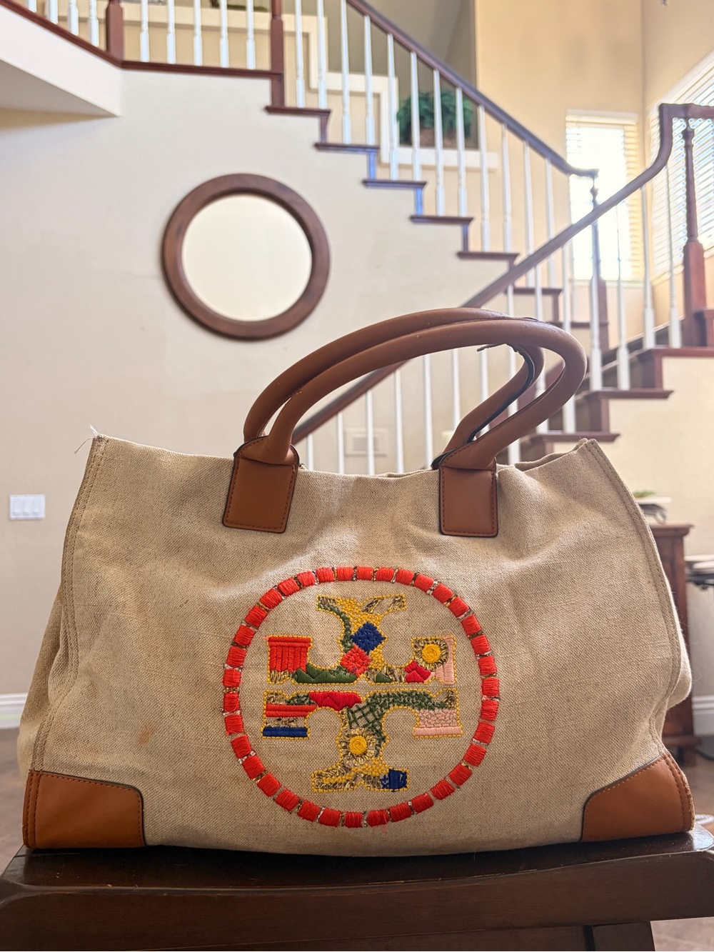 Tory Burch Beige Canvas Tote with Brown Leather Trim and Embroidered Medallion - Picture 1 of 15